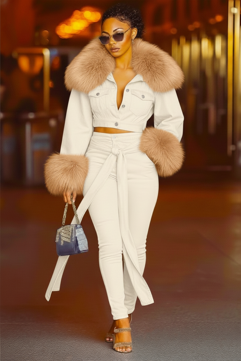 Denim Panel Fuzzy Crop Jacket Sash Leggings Pants 2pcs Set-Blue