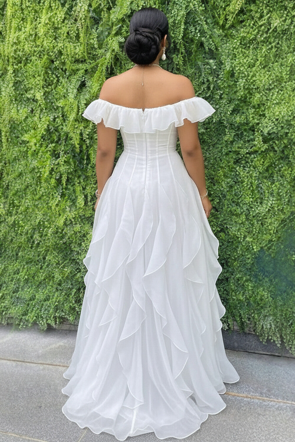 Off Shoulder Ruffle Trim Bouffant Gowns Maxi Dresses-White