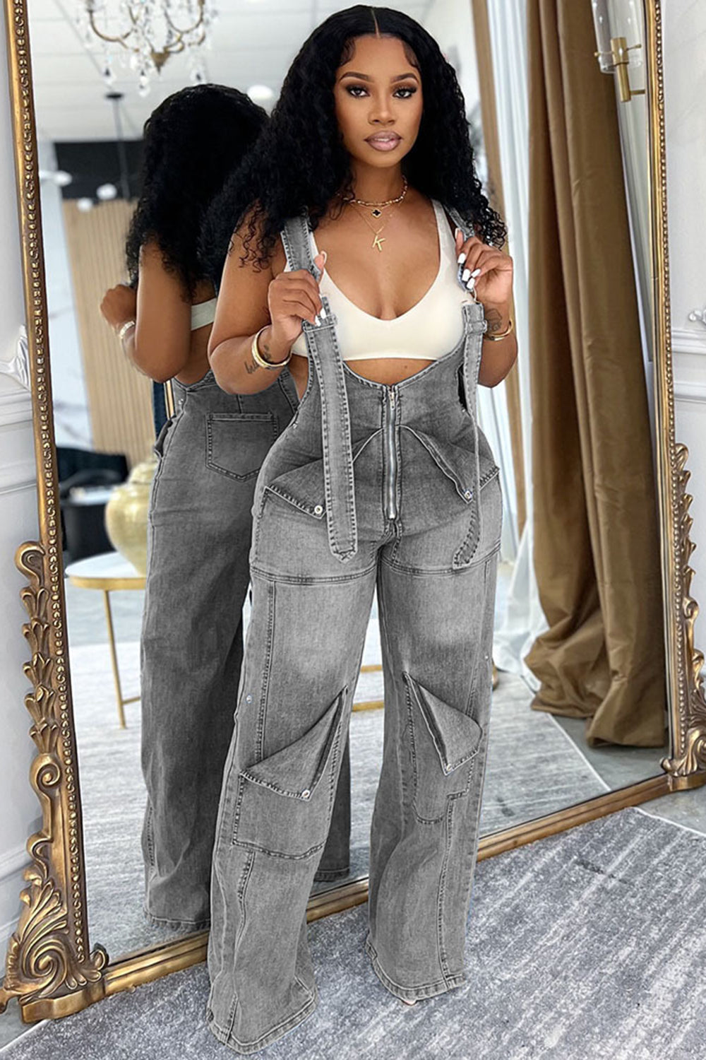 Solid Color Adjustable Strap Zipper Washed Denim Casual Overalls-Blue