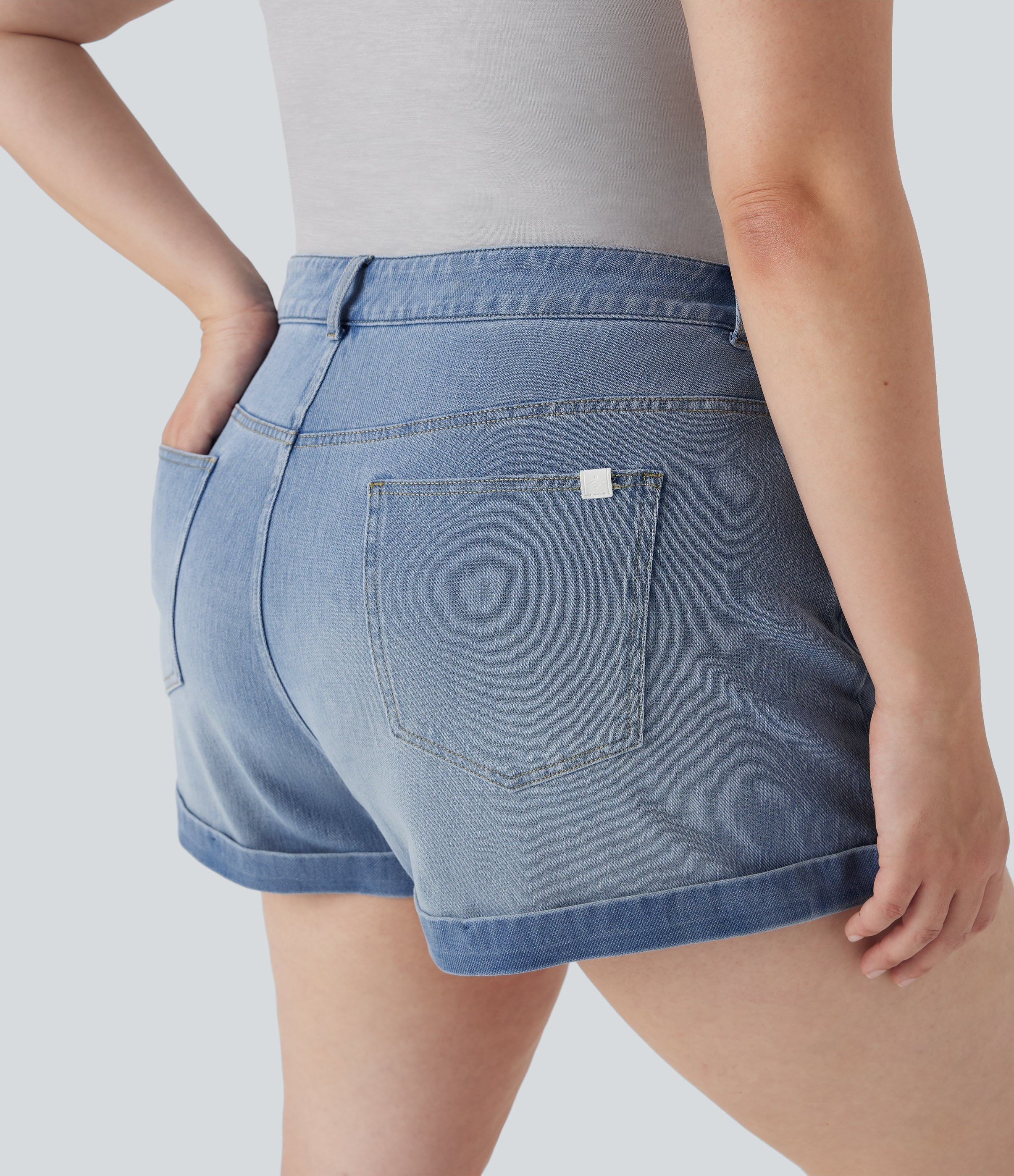 FlexTM Mid Rise Zipper Pockets Denim Casual Plus Size Shorts 3''
