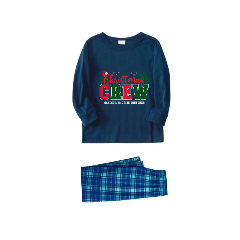 Christmas Family Matching Pajamas-Navy & Sky Blue Plaid Pjs Set with "Christmas Crew Making Memories Together" Slogan Print