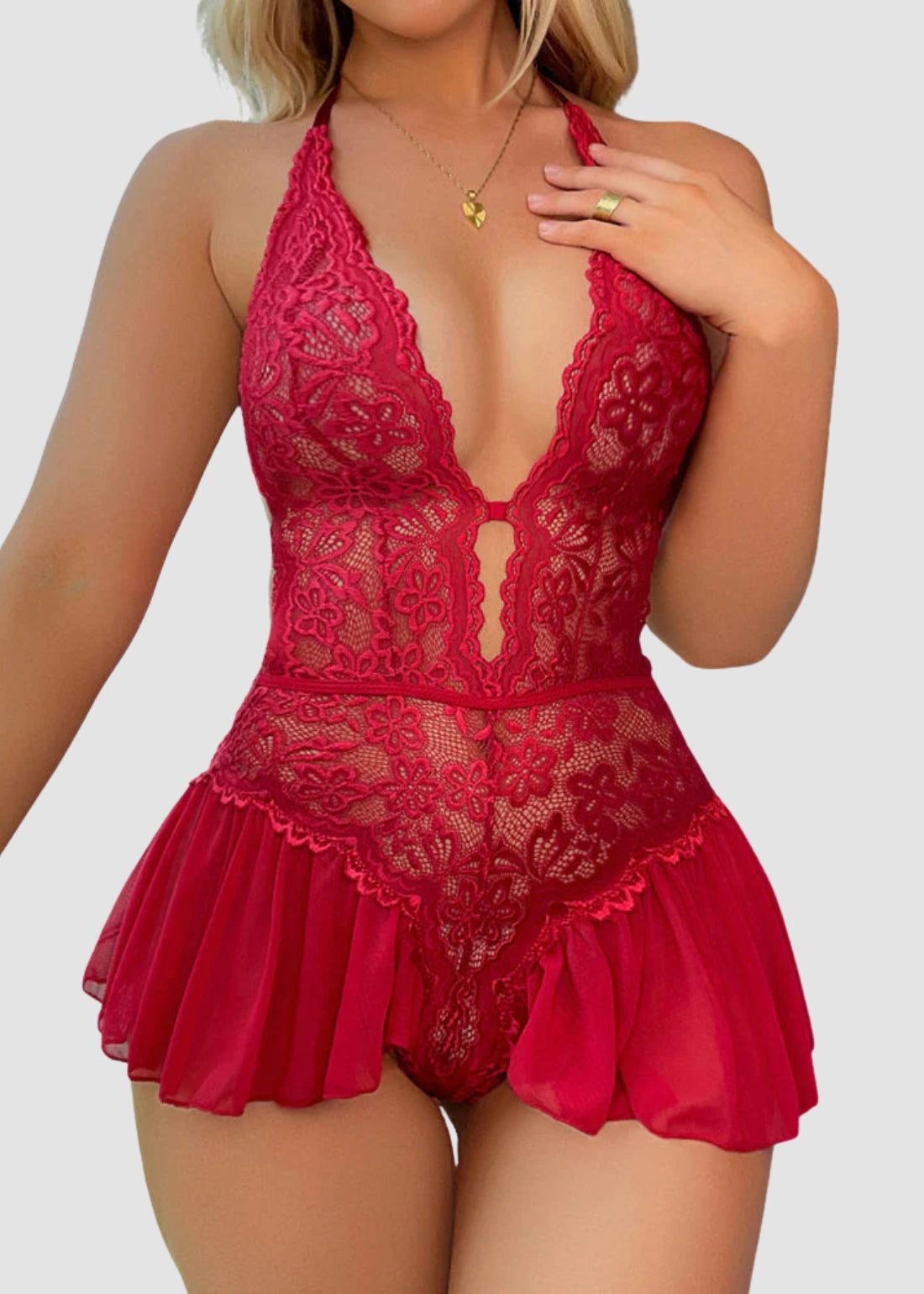 Sexy Hollow Lace Strappy Crotchless See-Through Bodysuit