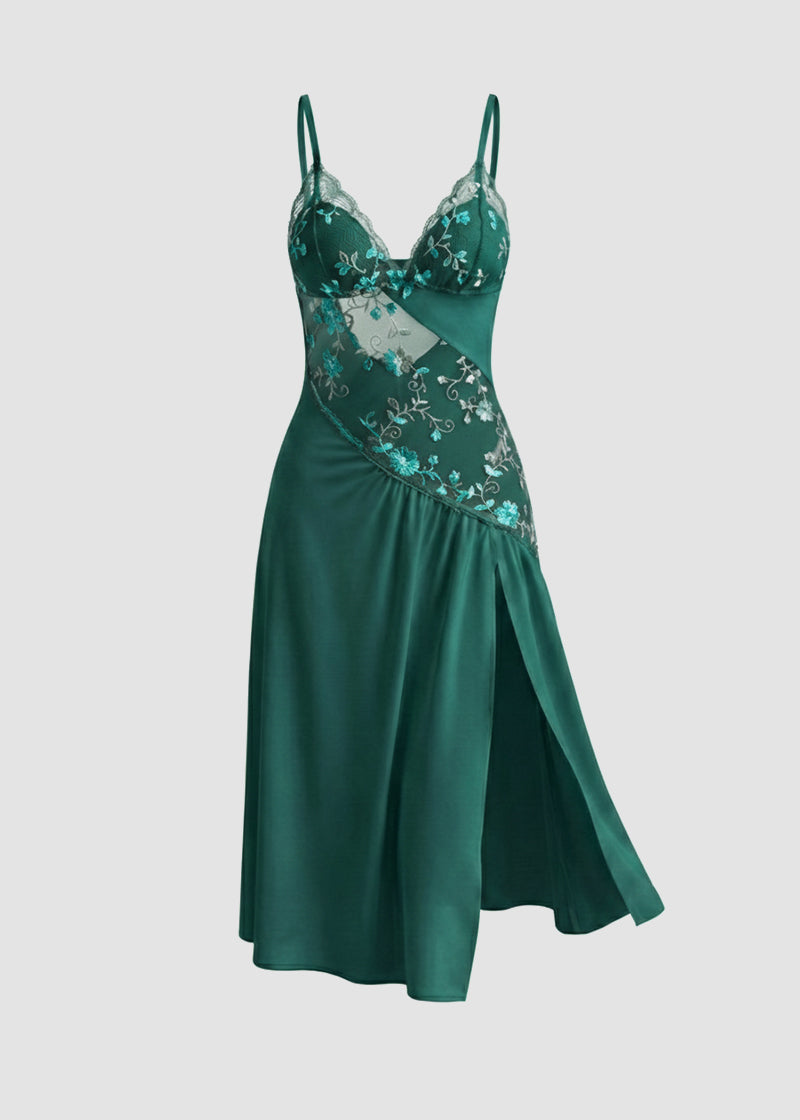 Sexy Sheer Mesh Nightgown – Floral Embroidery Babydoll