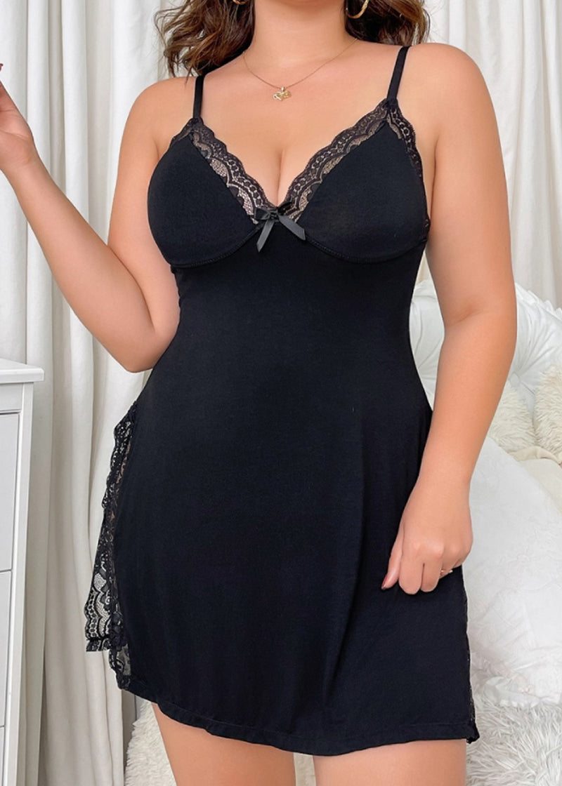 Plus Size Lace-Trim Cotton Nightdress with Side Slit & Adjustable Straps