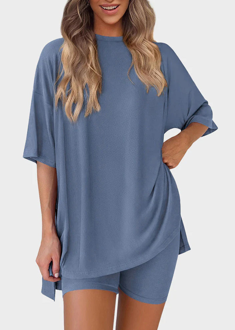 Casual Oversized 2-Piece Lounge Set with Crewneck & Split Hem