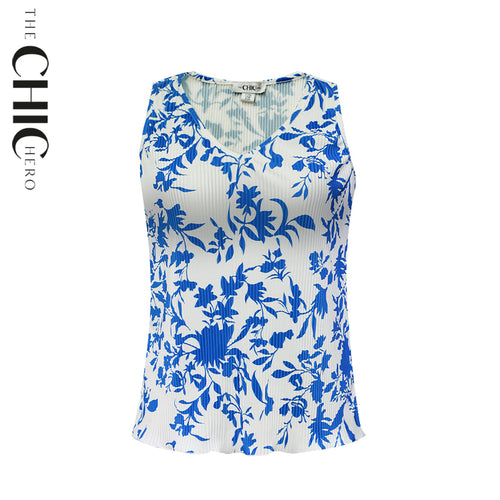 Chic Blue Botanical Prints V-Neck Vest Top & Pleated Pants