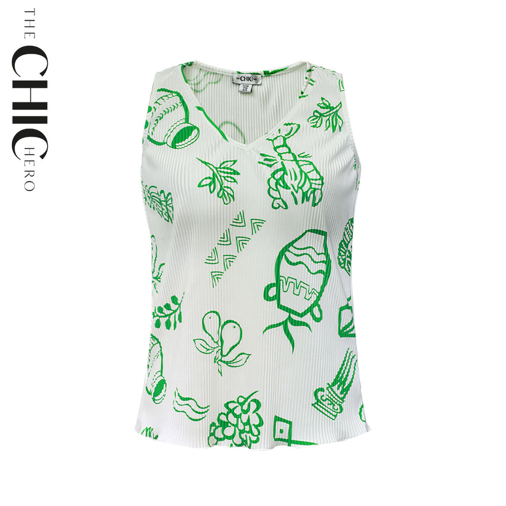 Green Whimsical Illustrated Print Pattern V-Neck Vest Top & Pleated Pants