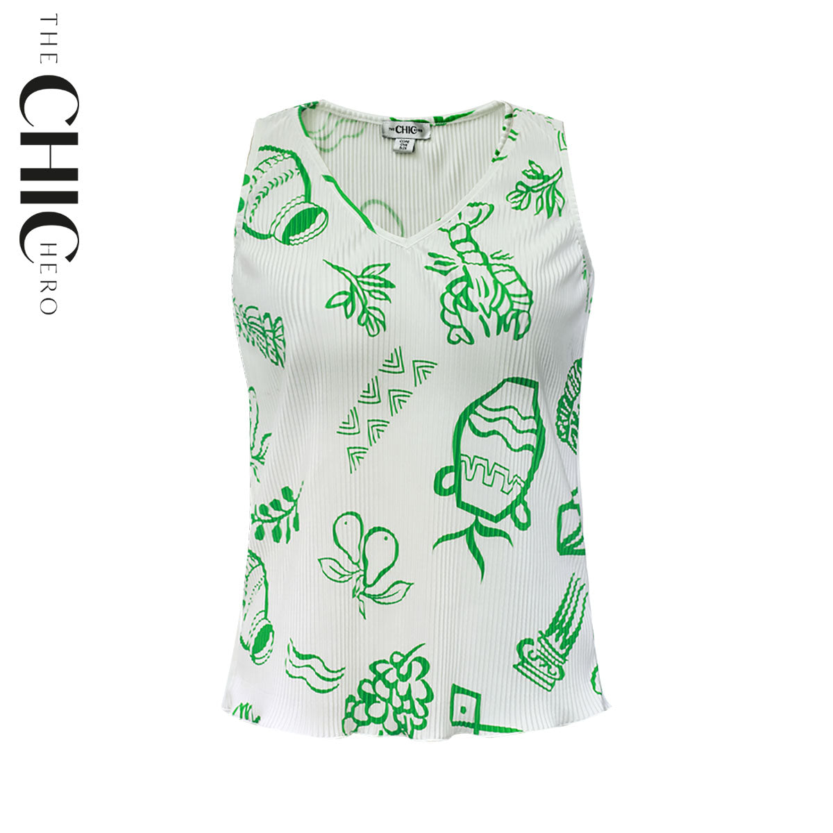 Green Whimsical Illustrated Print Pattern V-Neck Vest Top & Pleated Pants