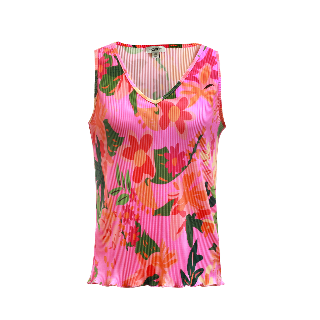Colorful Floral Sleeveless Tropical Pattern V-Neck Vest Top & Pleated Pants
