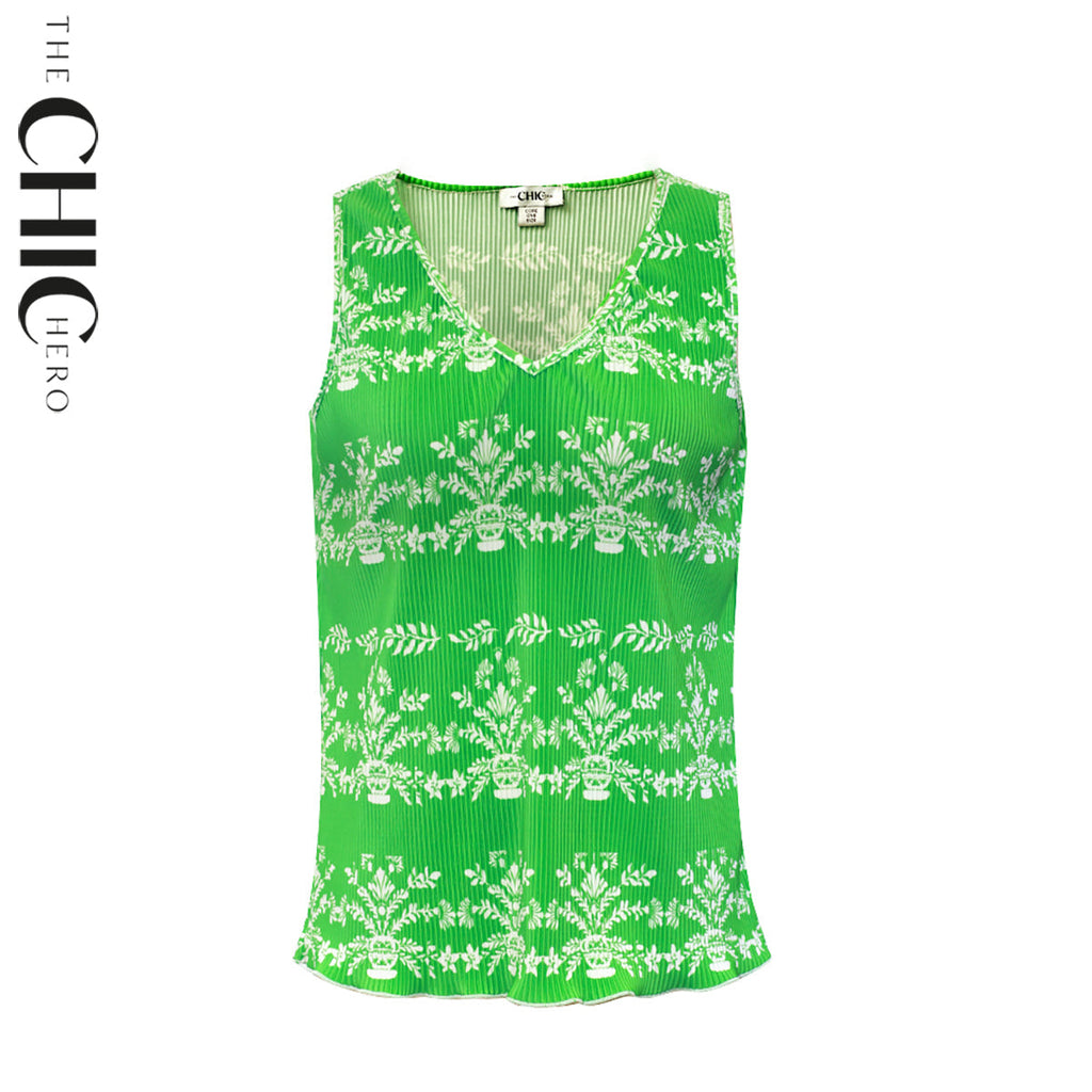 Green Elegant Floral Pot Patterns V-Neck Vest Top & Pleated Pants