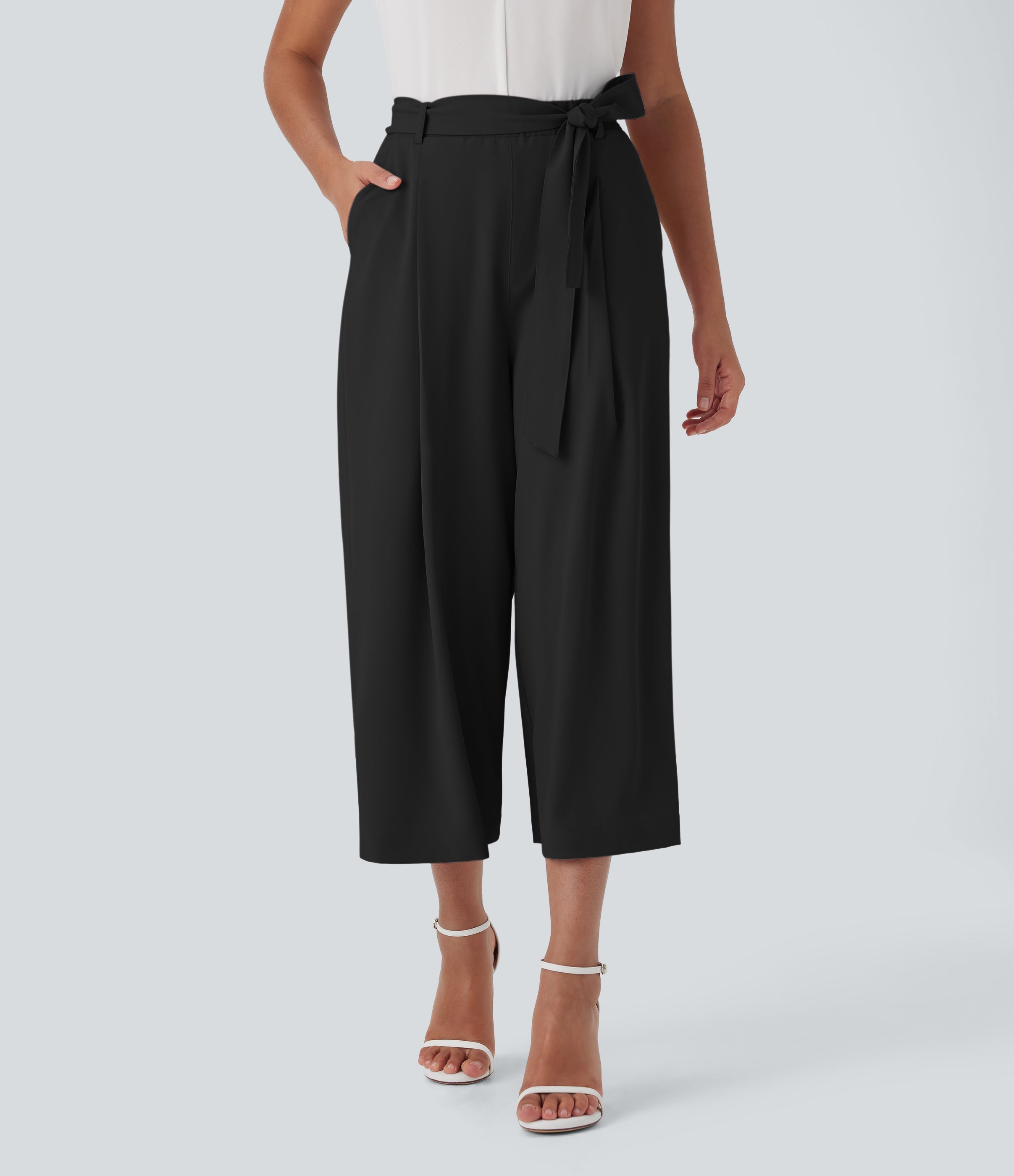 High Waisted Belted Wide Leg Cropped Work Pants with Pockets