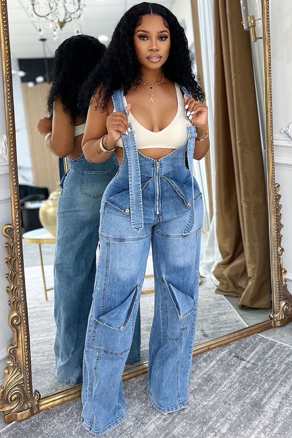 Solid Color Adjustable Strap Zipper Washed Denim Casual Overalls-Blue