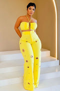Halter Crop Top High Waist Hollow Pants Casual 2pcs Set-Yellow [Pre Order]