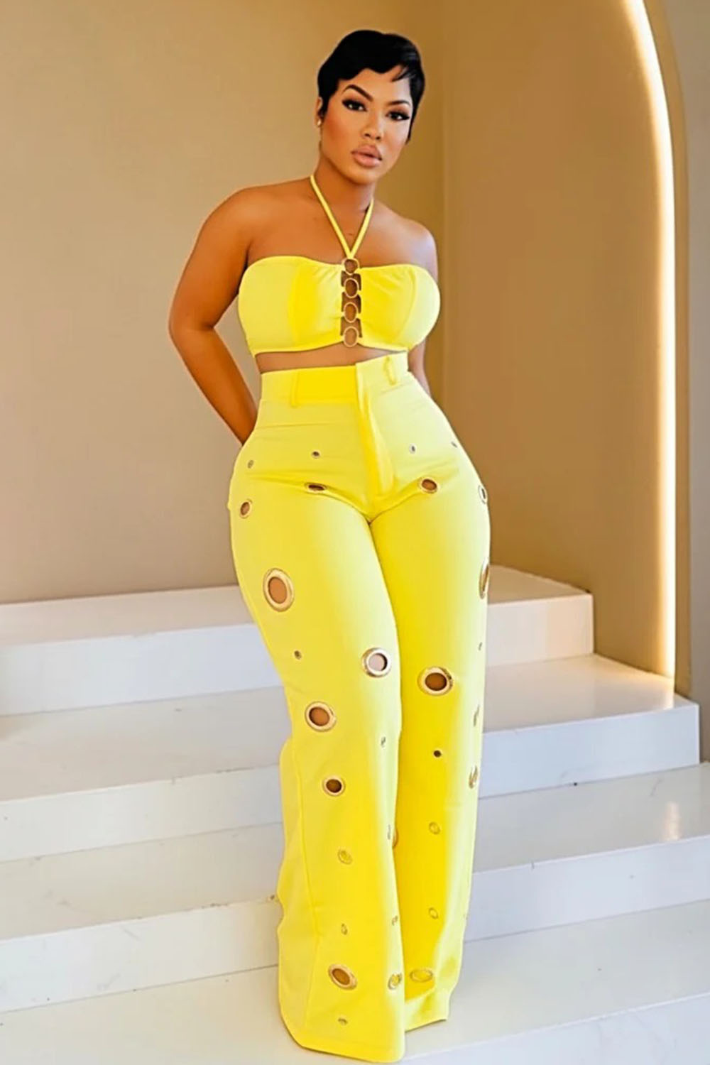 Halter Crop Top High Waist Hollow Pants Casual 2pcs Set-Yellow [Pre Order]