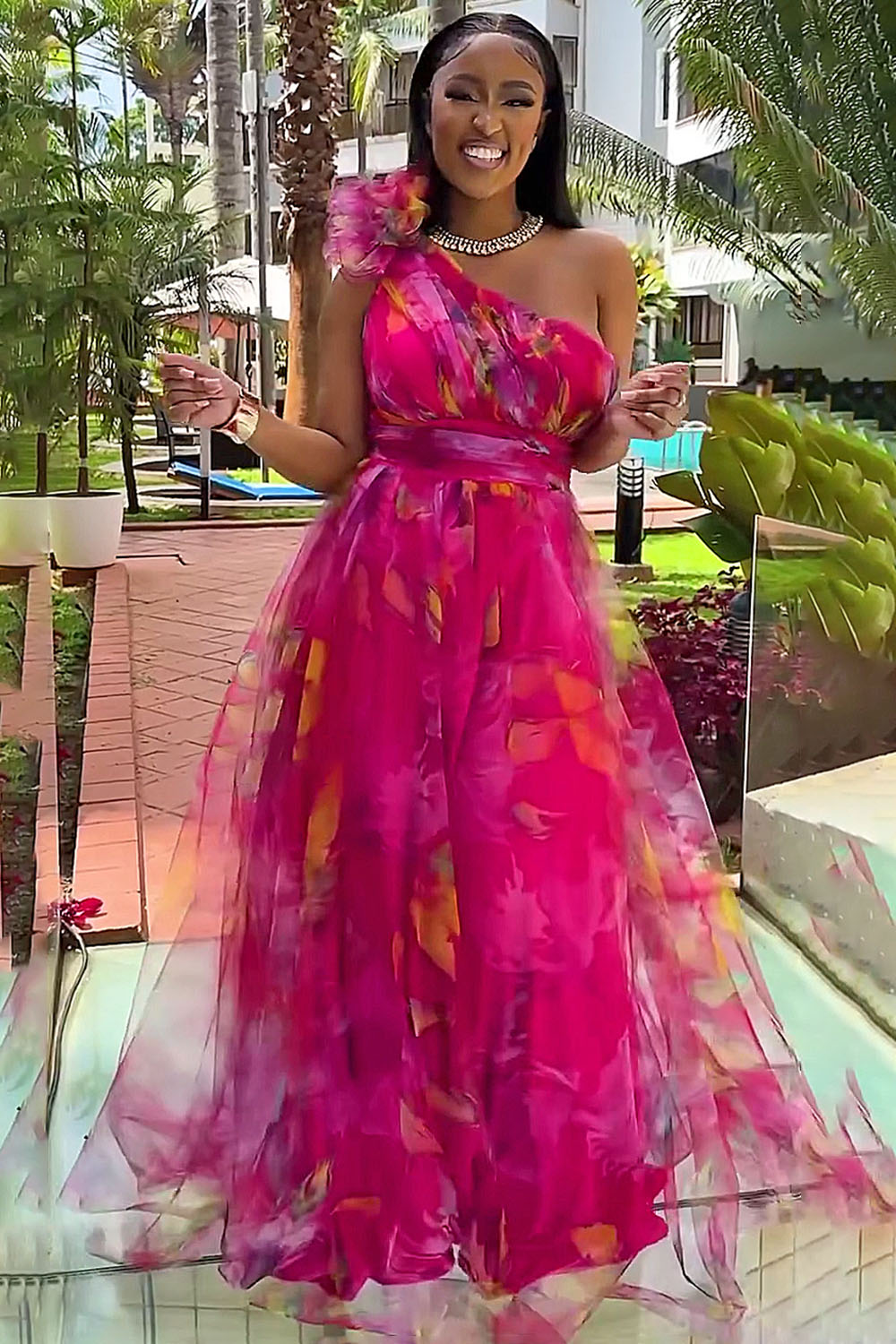 One Shoulder Rosette Floral Print Mesh Party Maxi Dresses-Fuchsia