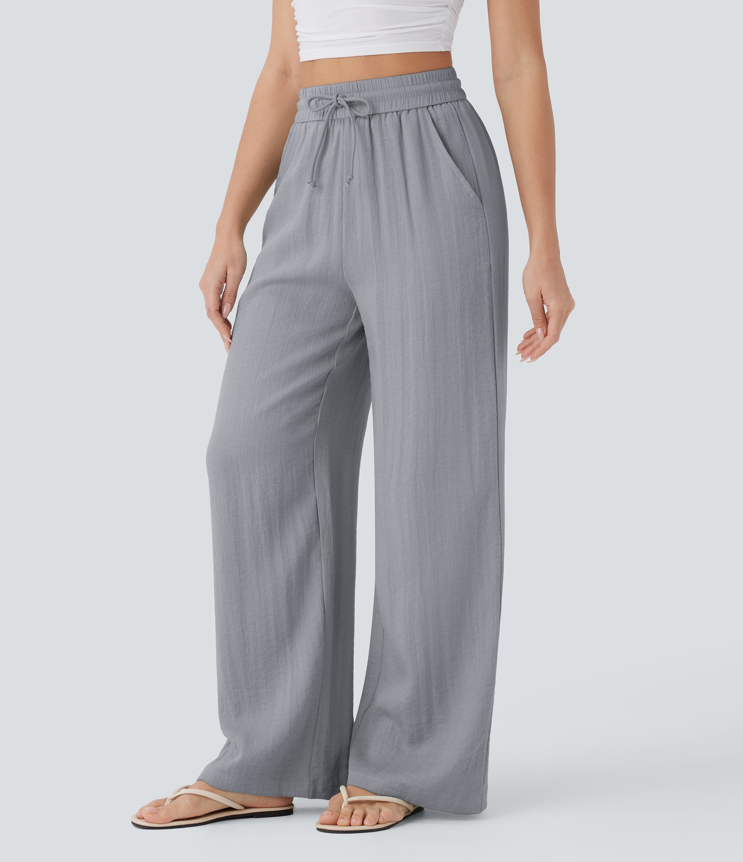 Women Summer High Waisted Drawstring Pocket Wide Leg Casual Linen-Feel Pants