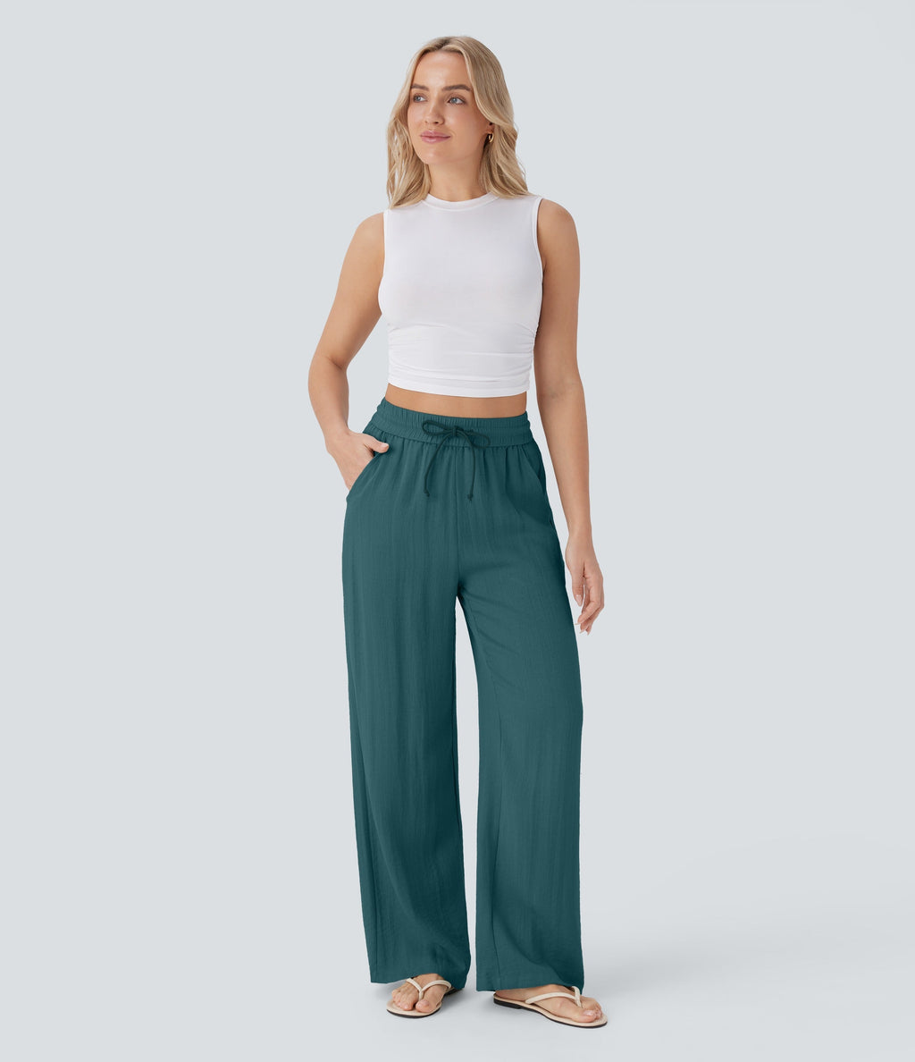 Women Summer High Waisted Drawstring Pocket Wide Leg Casual Linen-Feel Pants