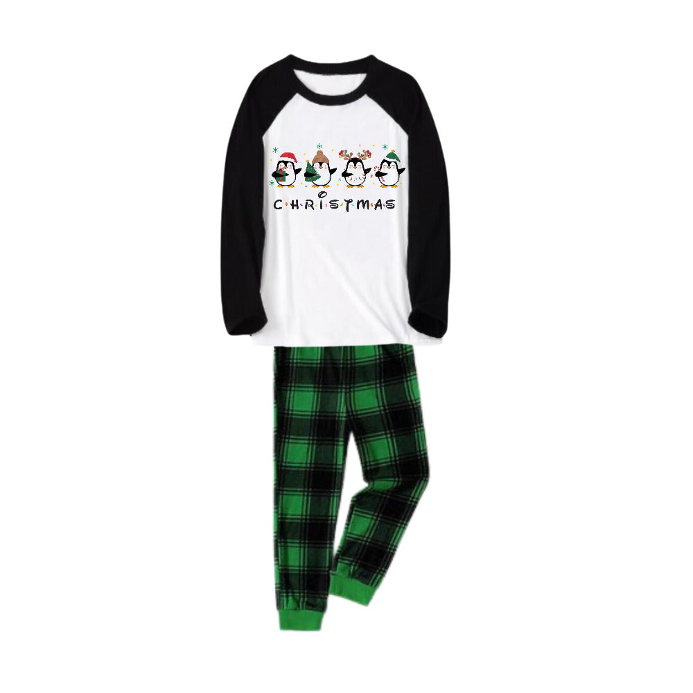 Black Raglan Top Green Plaid Christmas Pajamas Set With Penguin Print