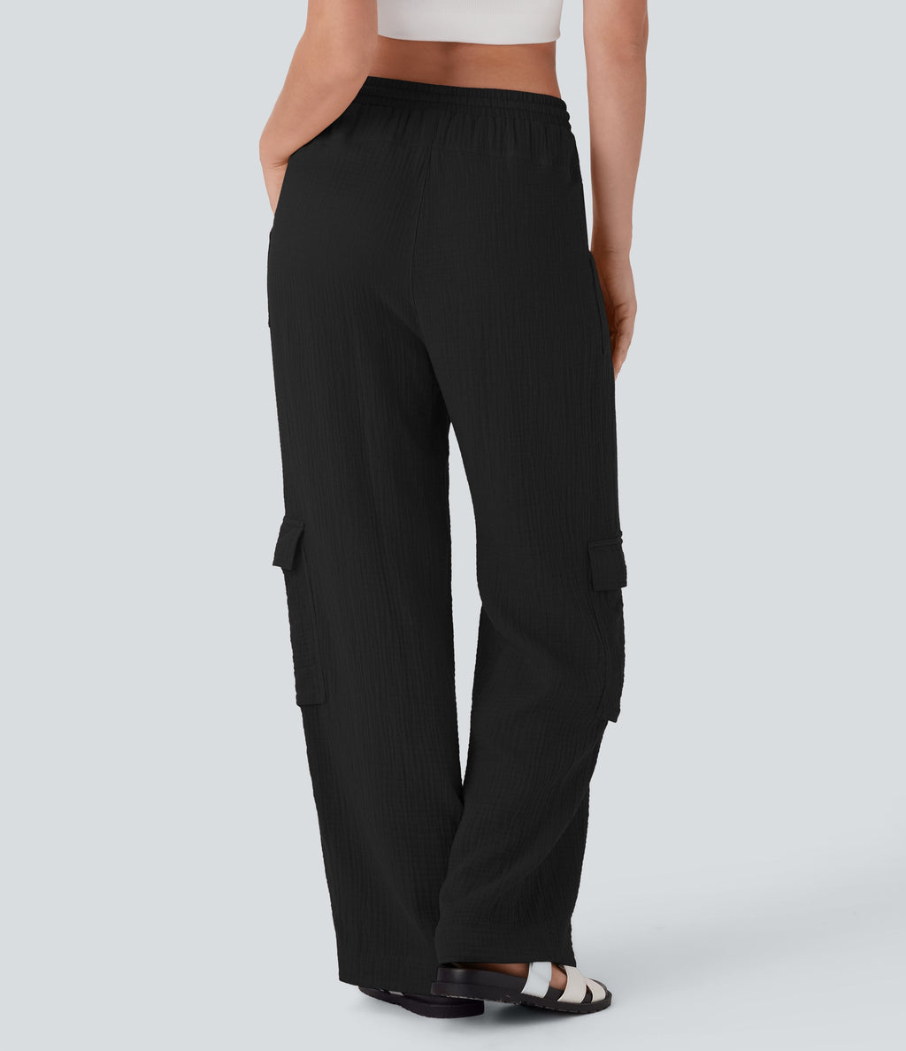 High Waisted Drawstring Wide Leg Cargo Casual Cotton Pants with Pockets
