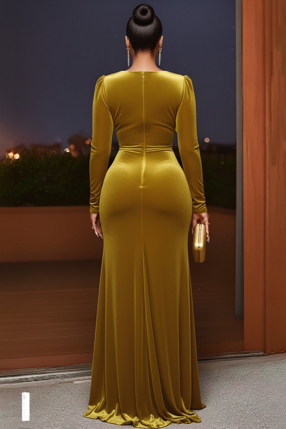 Plunging V Neck Ruched Slit Velvet Party Maxi Dresses-Green