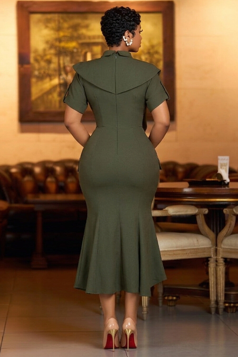 Turndown Collar Short Sleeve Bodycon Casual Maxi Dresses-Beige