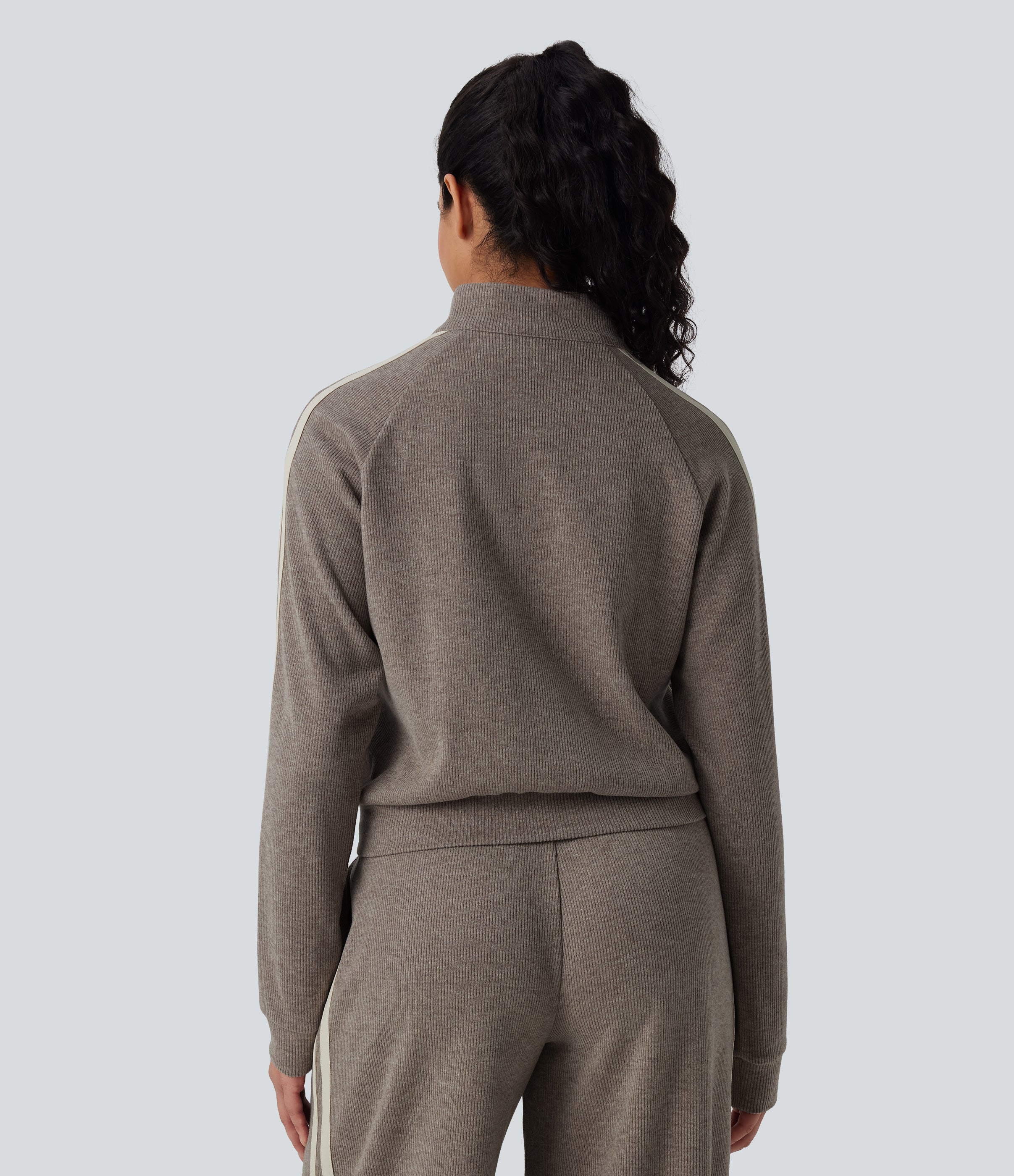 Ribbed Stand Collar Long Sleeve Zipper Color Block Casual Jacket with Pockets