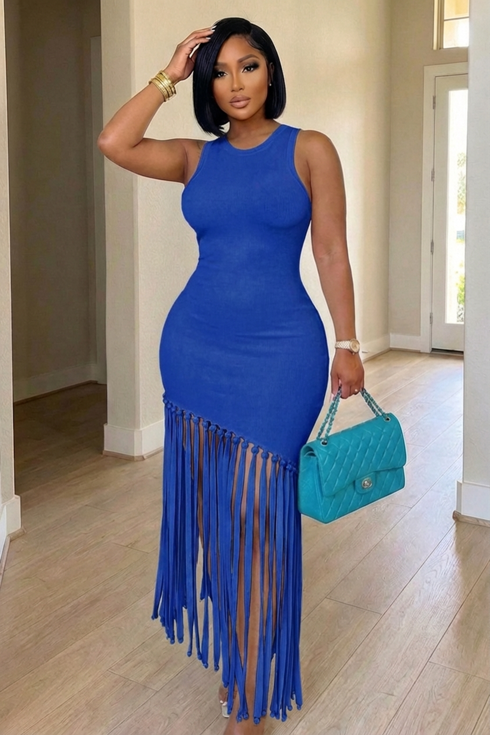 Round Neck Sleeveless Fringe Hem Slim Fit Maxi Dresses-White