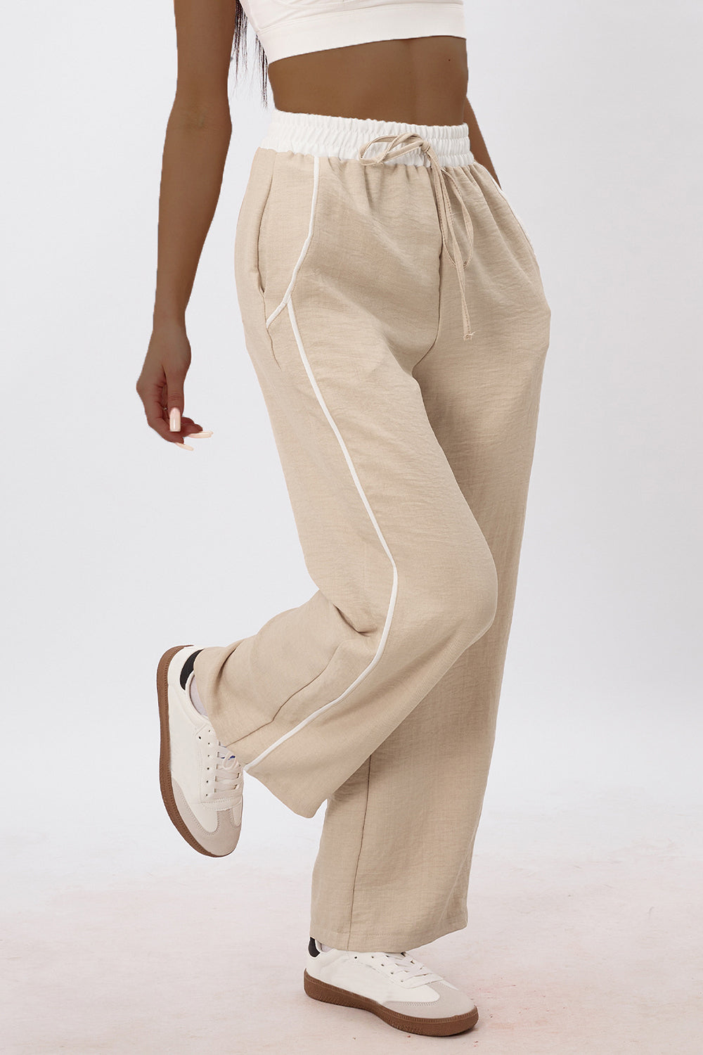 Smocking High Waist Drawstring Contrast Trim Casual Wide Leg Pants-Apricot