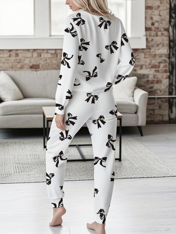 Bow Print V-Neck Long Sleeve Top & Tie Waist Pants Set