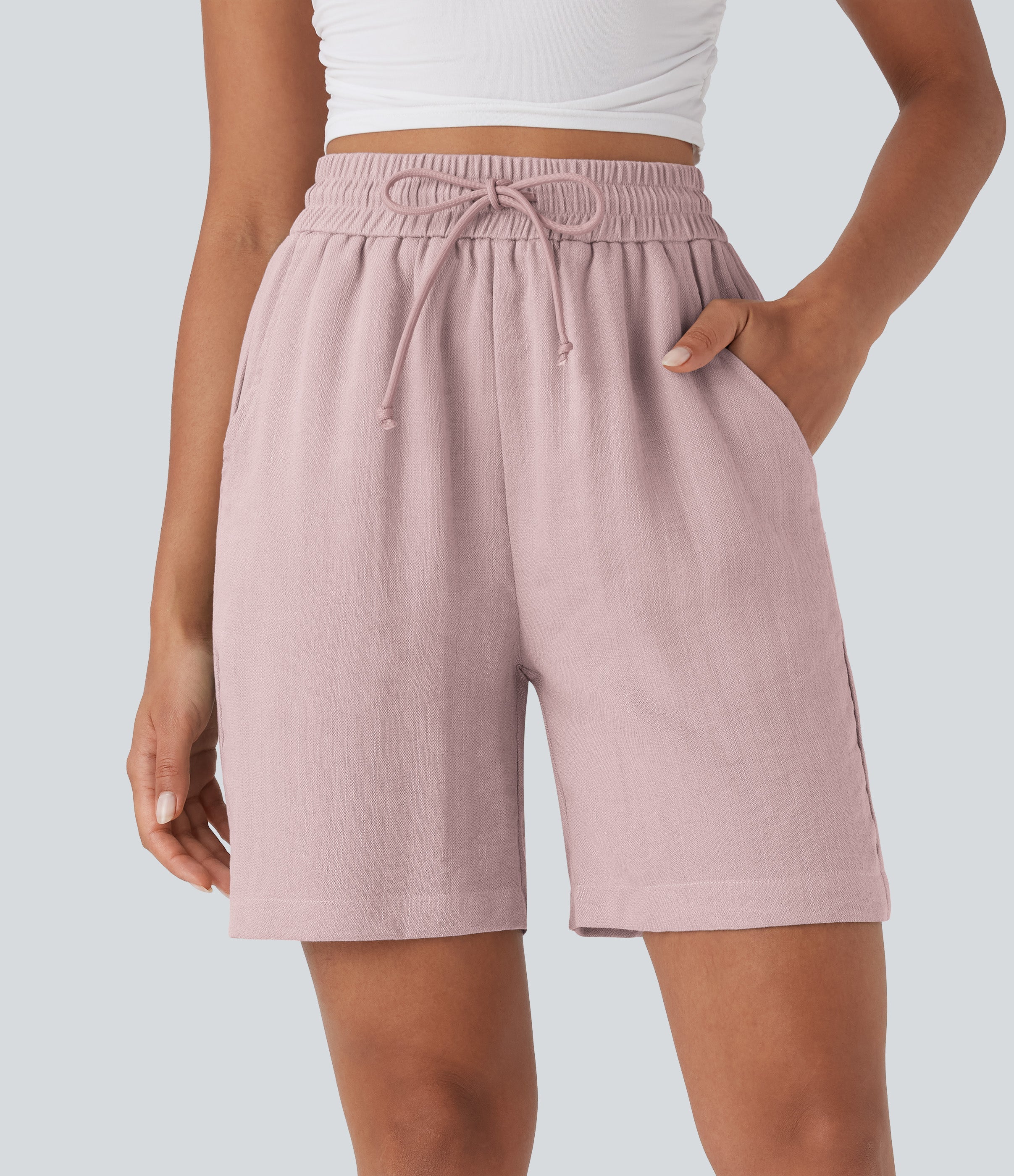 High Waisted Drawstring Casual Linen-Feel Shorts with Pockets