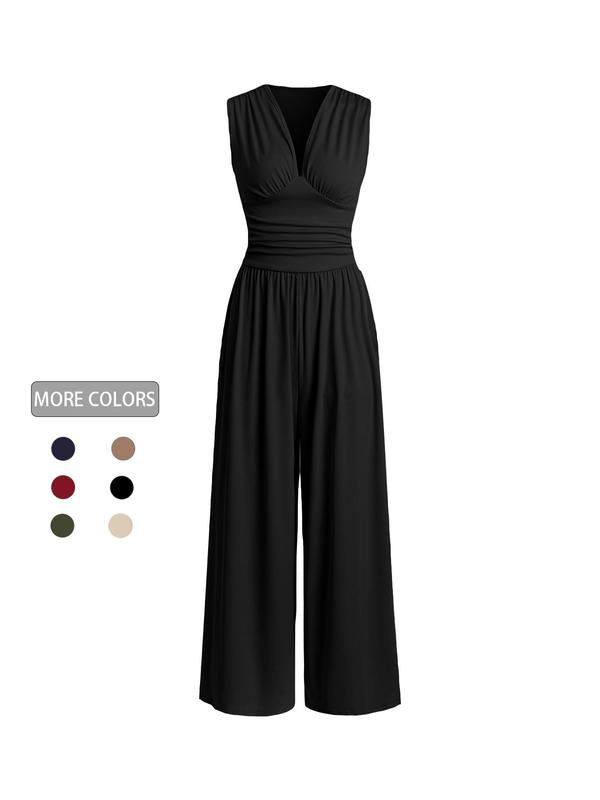 2026 Women's new jumpsuit with pockets Plain Ruched V Neck Ribbed Tank Jumpsuit, Summer Outfits 2025, Elegant Sleeveless Wide Leg Jumpsuit for Women for Vacation Holiday Party, Ladies Summer Clothes