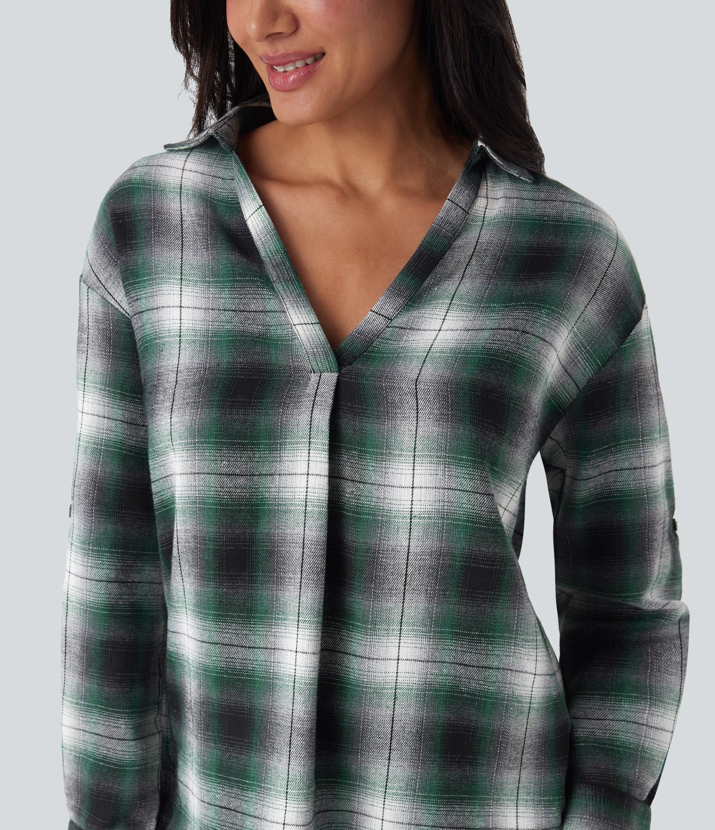 V Neck Curved Hem Plaid Casual Blouse