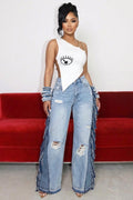 Ripped Fringed Wide-Leg Pant-Blue