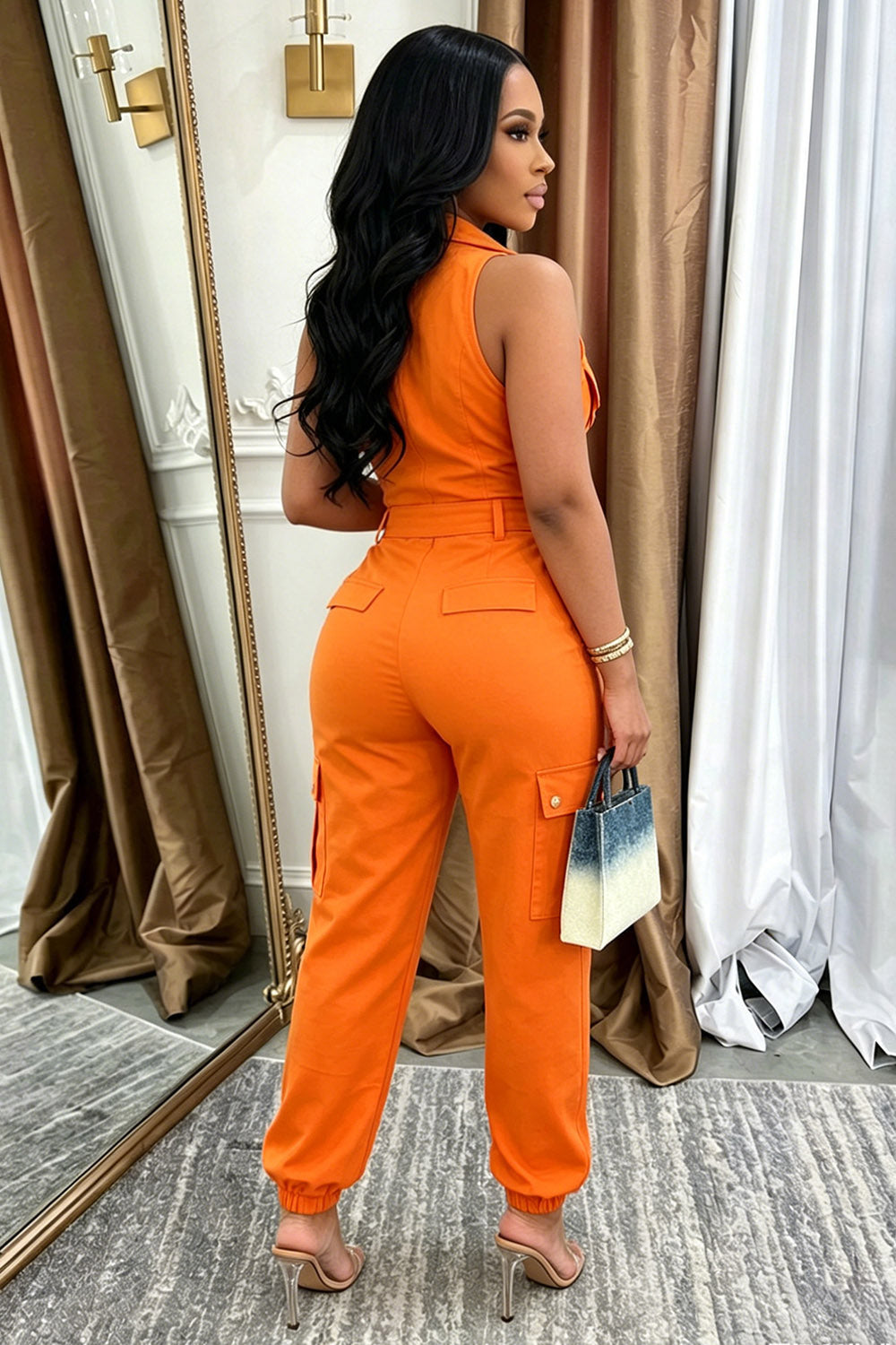 Cargo Stand-Up Collar Sleeveless Zipper Casual Jumpsuit-Orange
