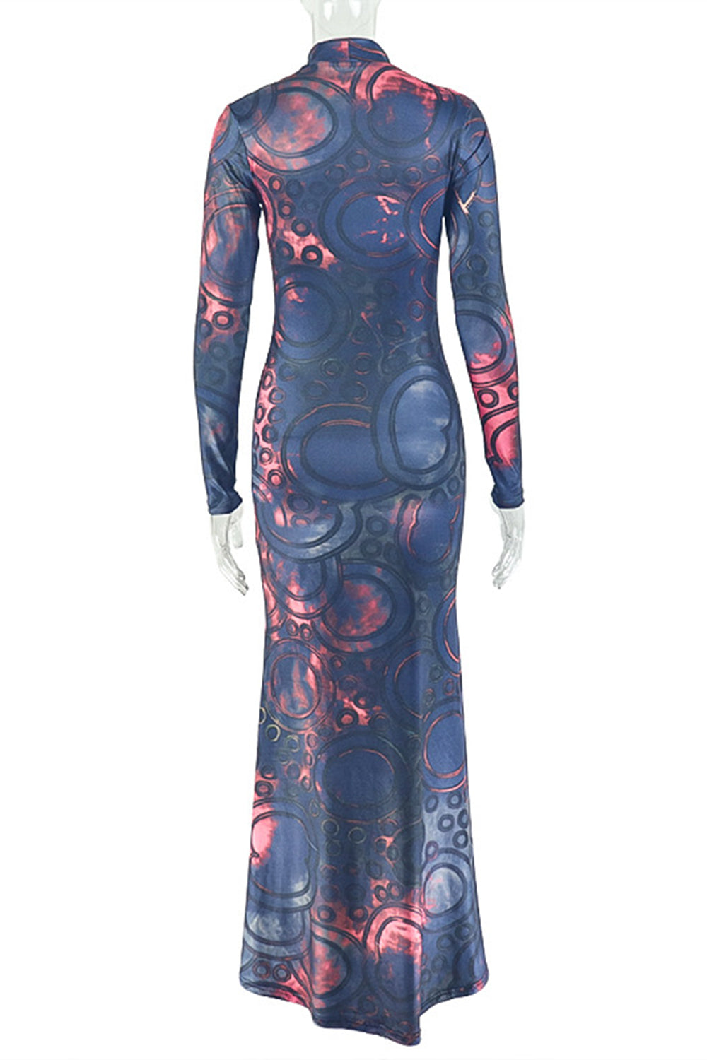 Party All Over Print Mock Neck Long Sleeve Bodycon Maxi Dresses-Black