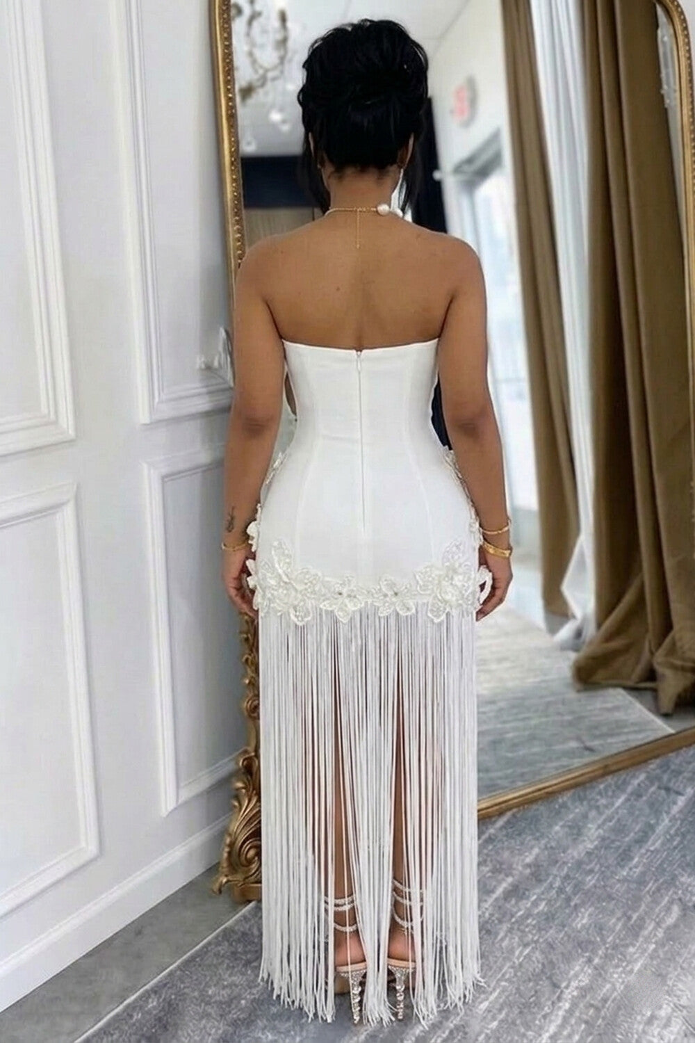 Strapless 3D Flower Fringe Patchwork Gowns Maxi Dresses-White