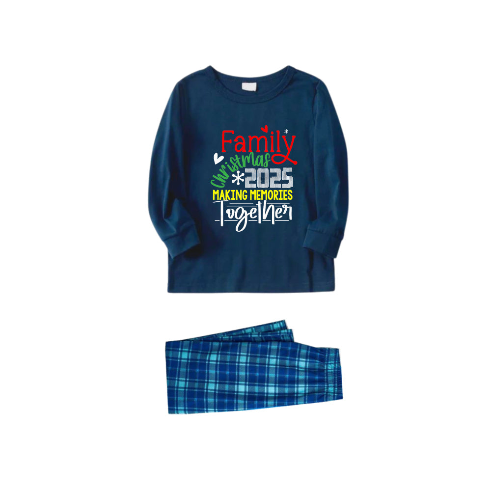 Christmas Family Matching Pajamas-Navy & Sky Blue Plaid Pjs Set with "Family Christmas 2025 Making Memories Together" Artistic Font Print