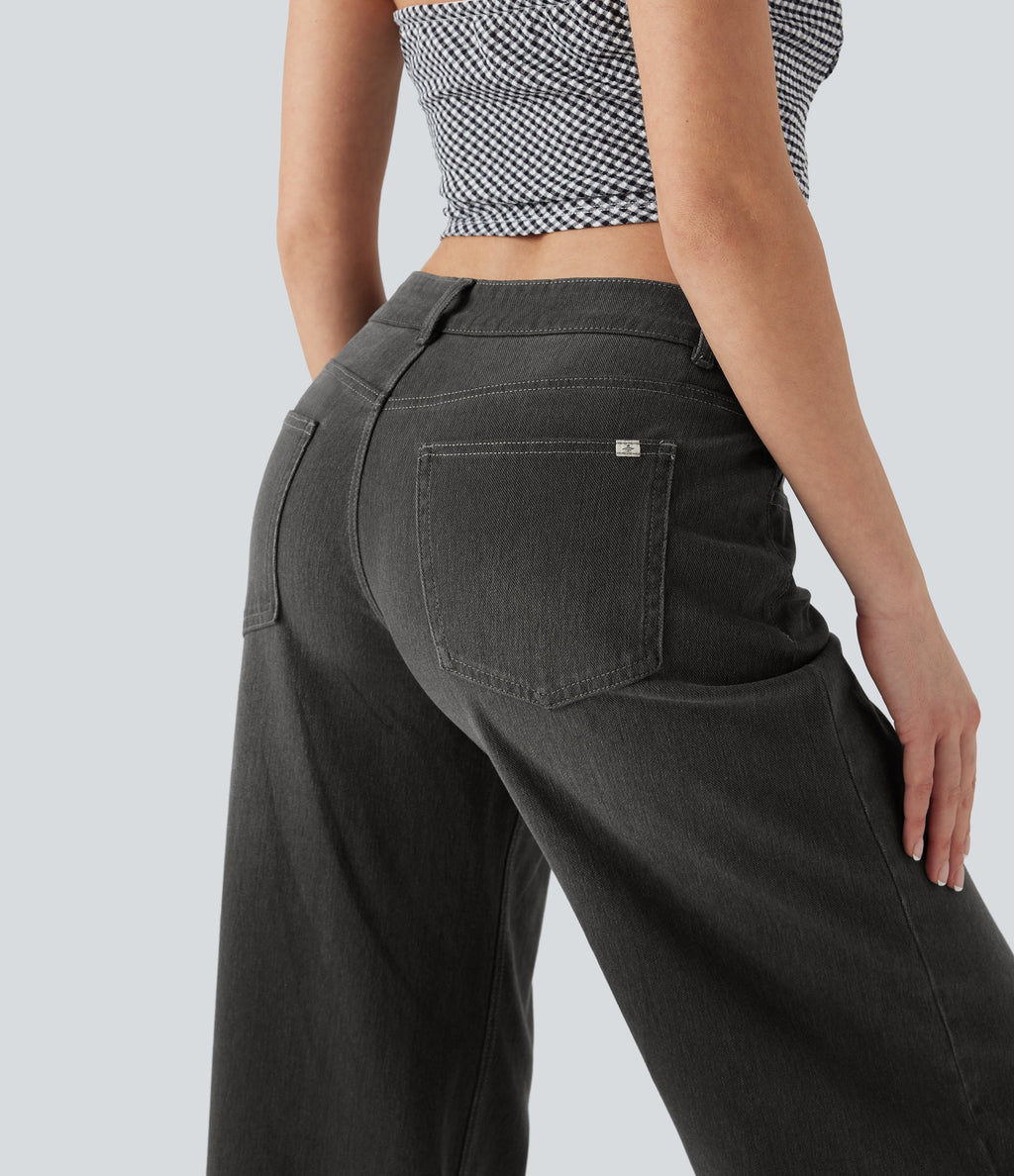 FlexTM Asymmetric Low Rise Zipper Pockets Baggy Wide Leg Washed Casual Jeans
