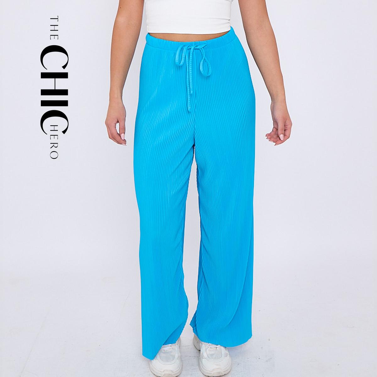 Blue Solid Color Wide-Leg Drawstring Palazzo Pleated Pants