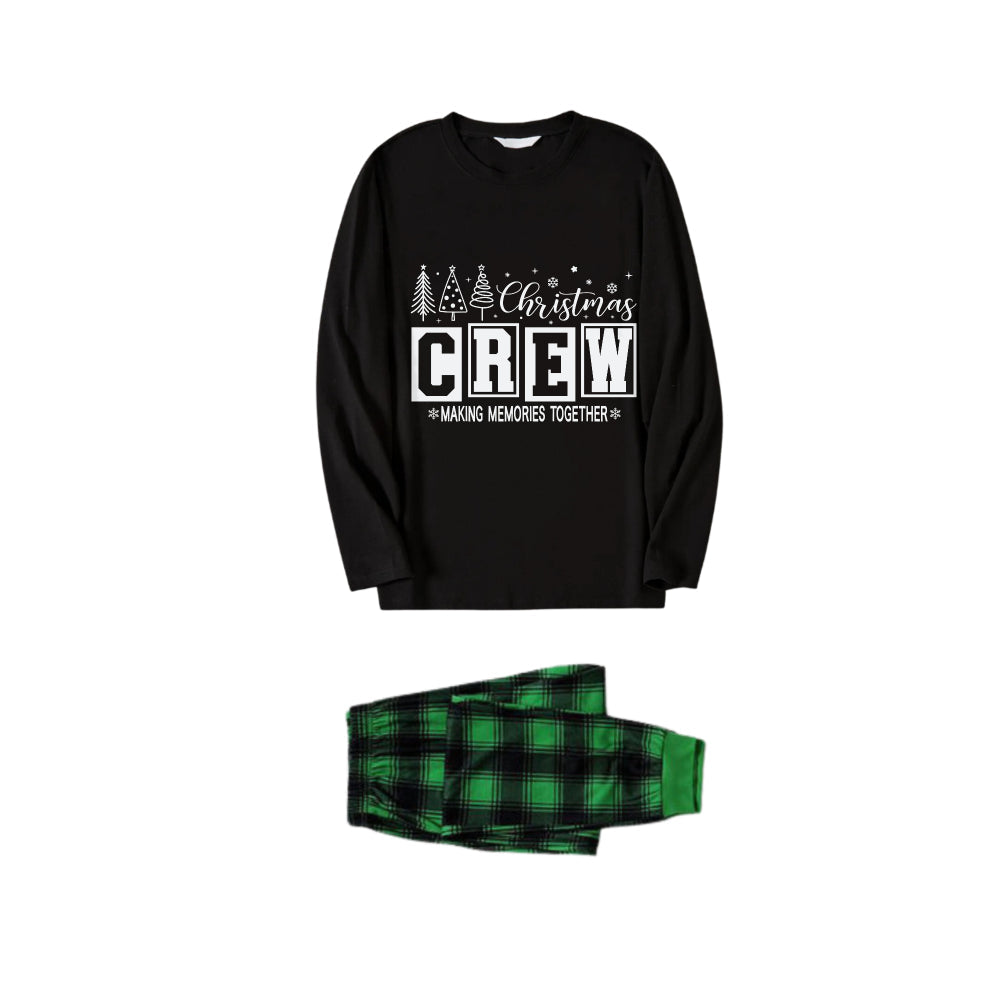 Christmas Family Matching Pajamas-Black Top and Green Plaid Pants Pjs Set with "Christmas Crew Making Memories Together " Print