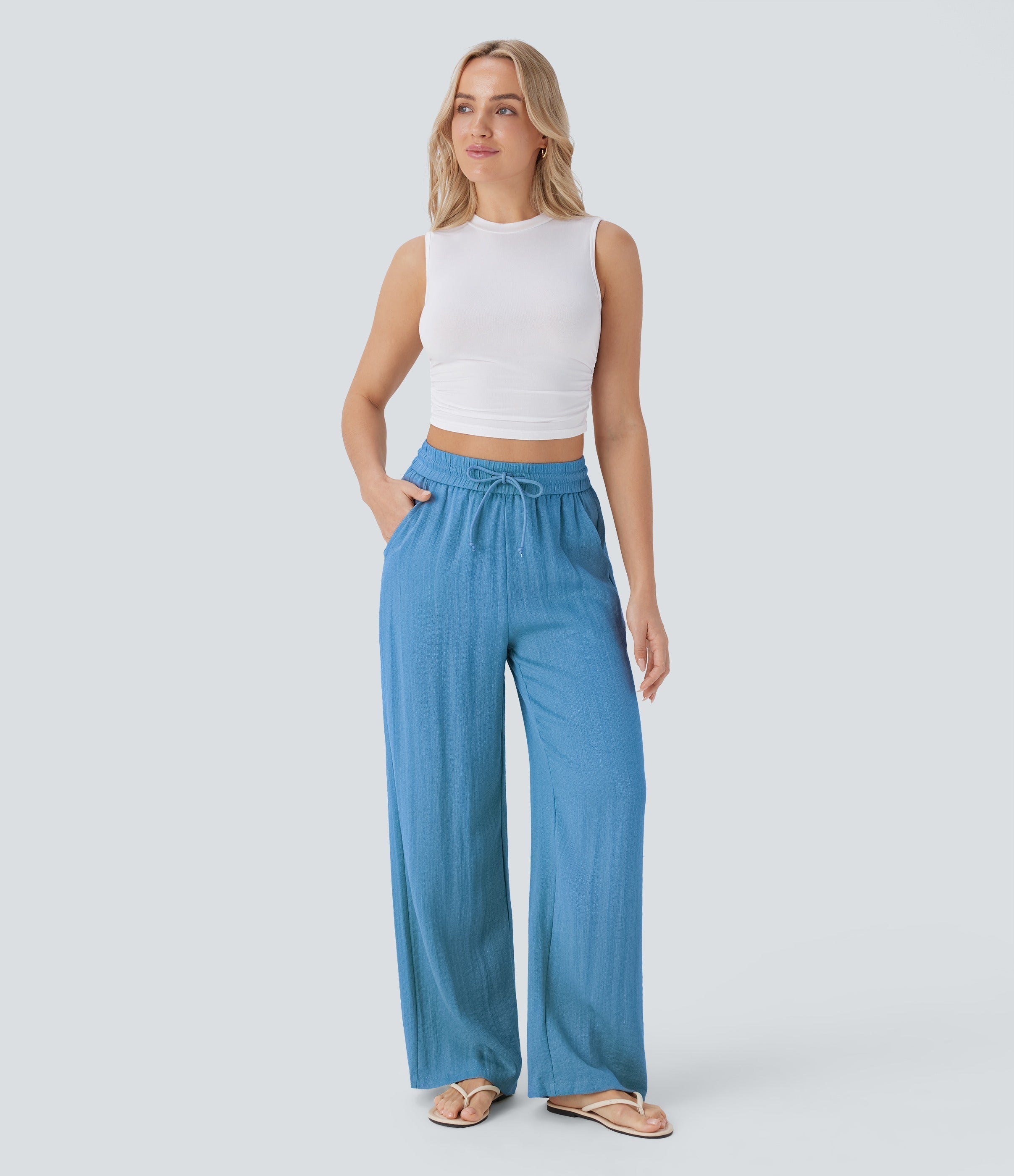 Women Summer High Waisted Drawstring Pocket Wide Leg Casual Linen-Feel Pants