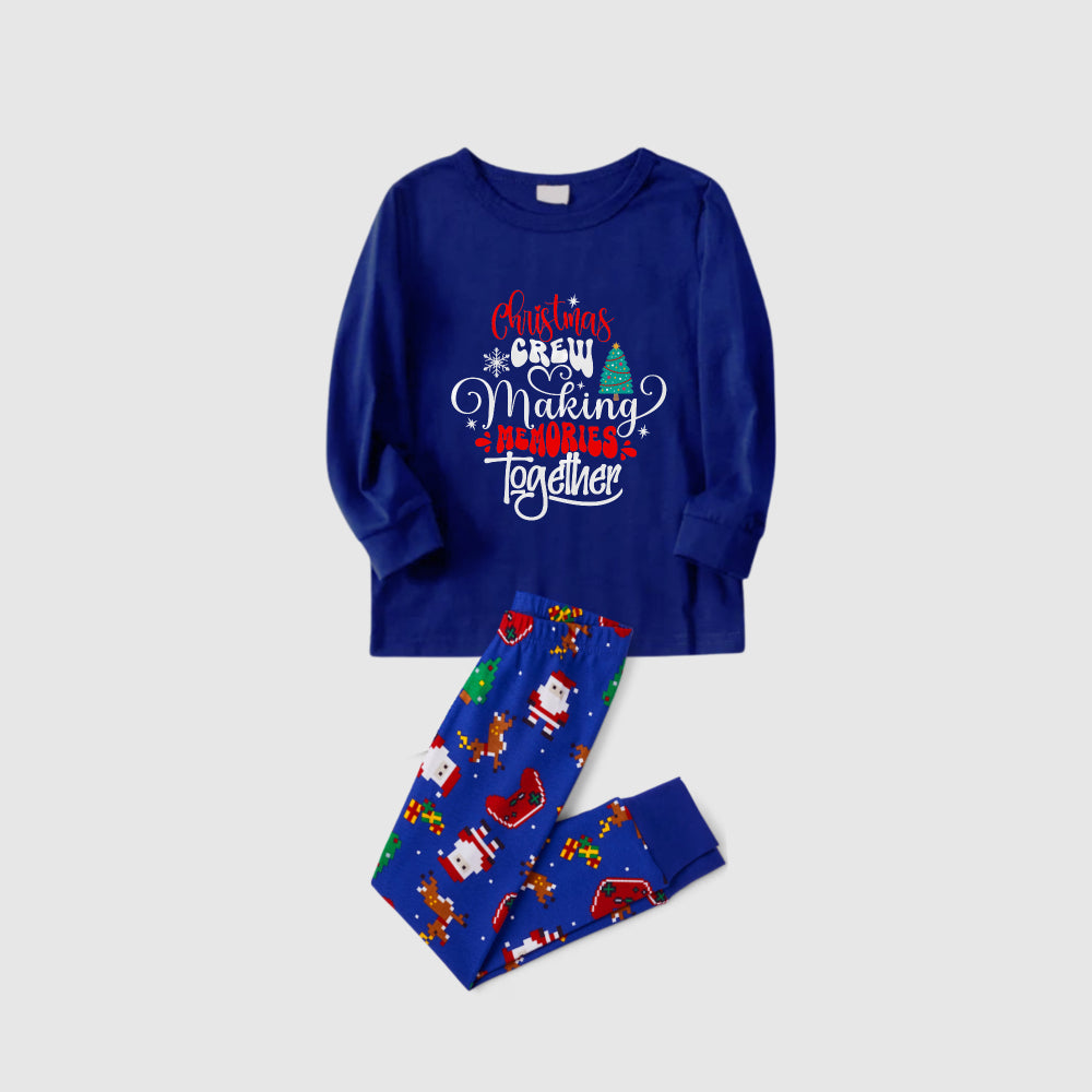 Christmas Family Matching Pajamas-Cozy Blue Pjs Set with "Christmas Crew Making Memories Together"  and Christmas Tree Pattern Print