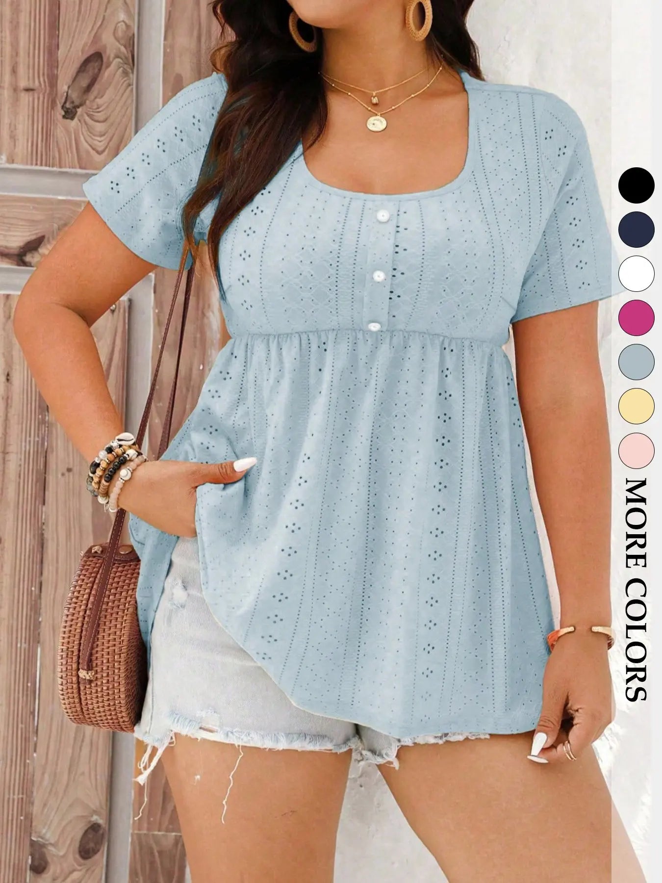 Women's Plus Size Babydoll Shirts Eyelet Peplum Top Short Sleeve Scoop Neck Pearl Button Casual Blouse Flowy Tummy Control Summer Boho Trendy