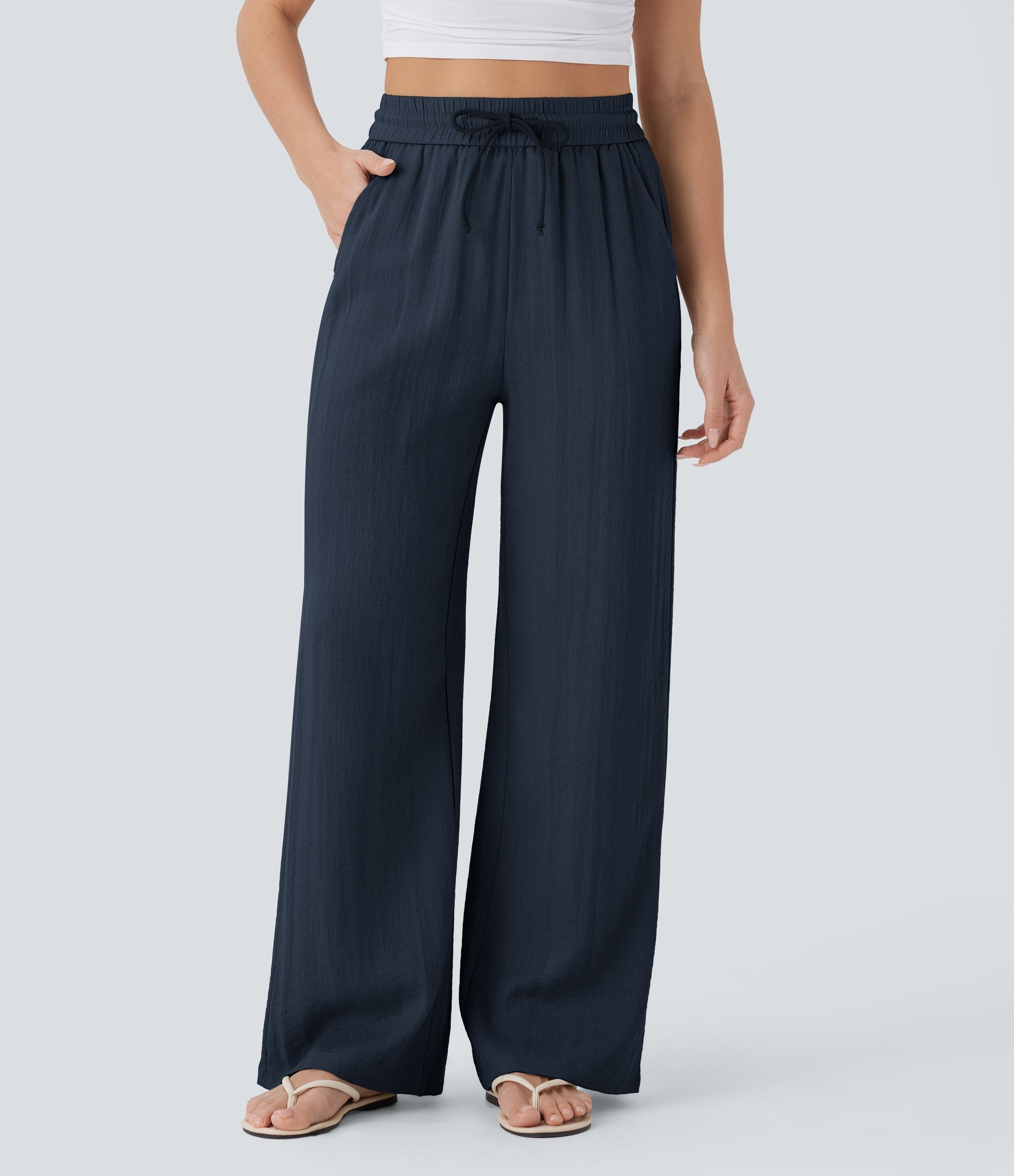 Women Summer High Waisted Drawstring Pocket Wide Leg Casual Linen-Feel Pants