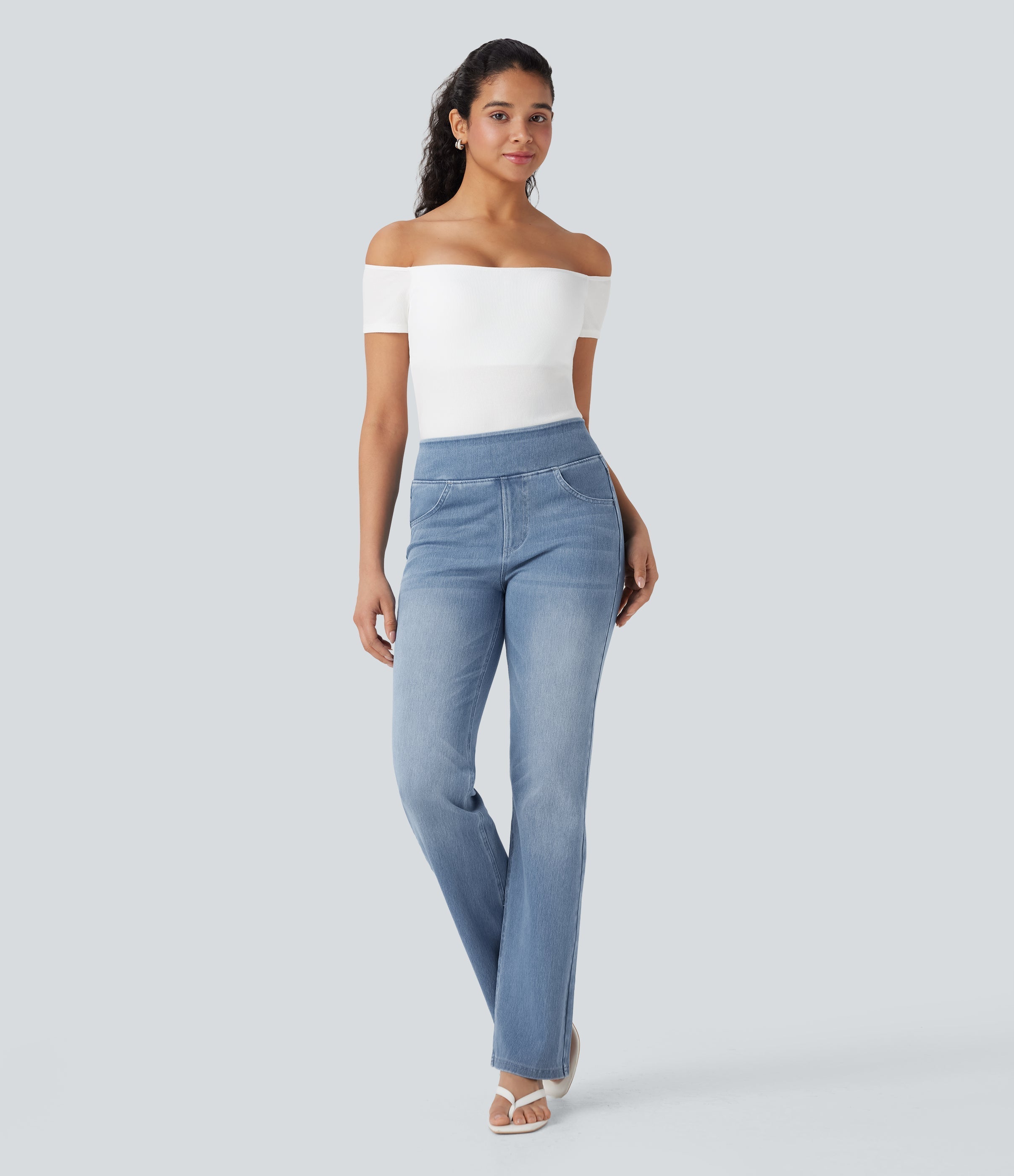 FlexTM High Waisted Tummy Control Washed Casual Bootcut Jeans with Pockets