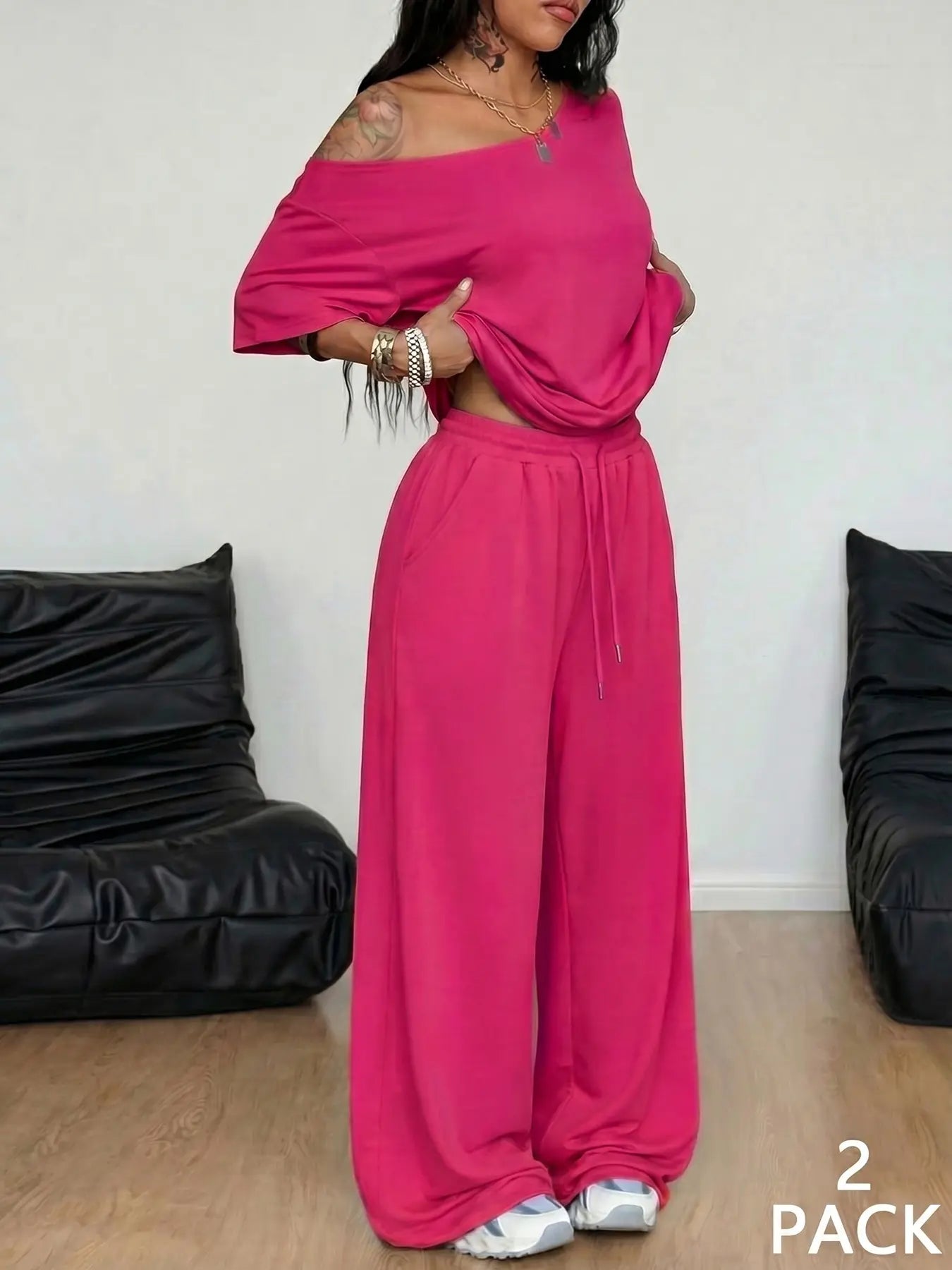 2pcs/Set Women's Minimalist Basic Daily Wear Going Out Sport Comfortable Off Shoulder T-Shirt And Wide Leg Pants Two Pieces Outfits