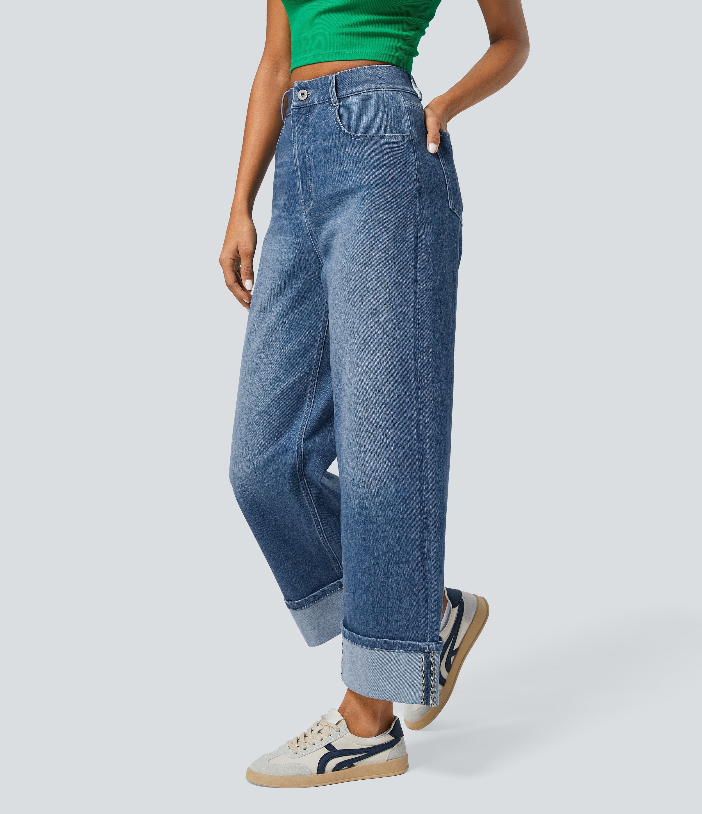 FlexTM High Waisted Multiple Pockets Rolled Hem Wide Leg Washed Stretchy Knit Casual Jeans