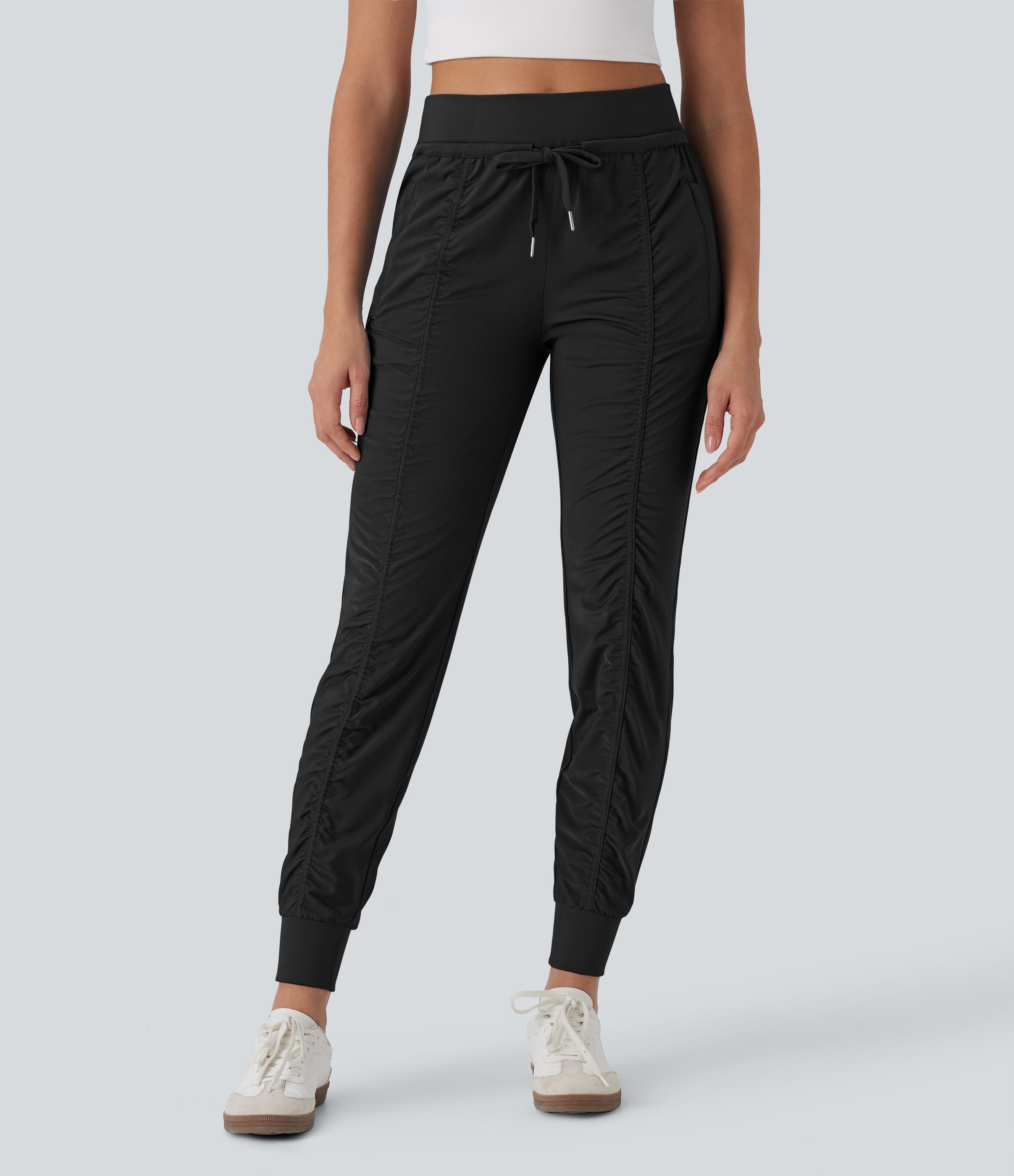 High Waisted Drawstring Tapered Travel Joggers with Side Zip Pockets