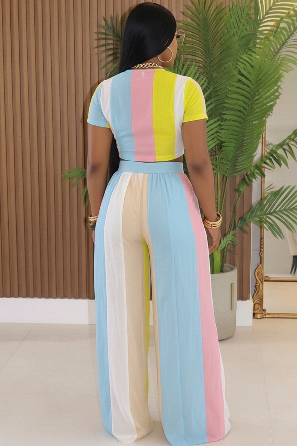 Round Neck Crop Top Wide Leg Pants Casual 2pcs Set-Multicolor