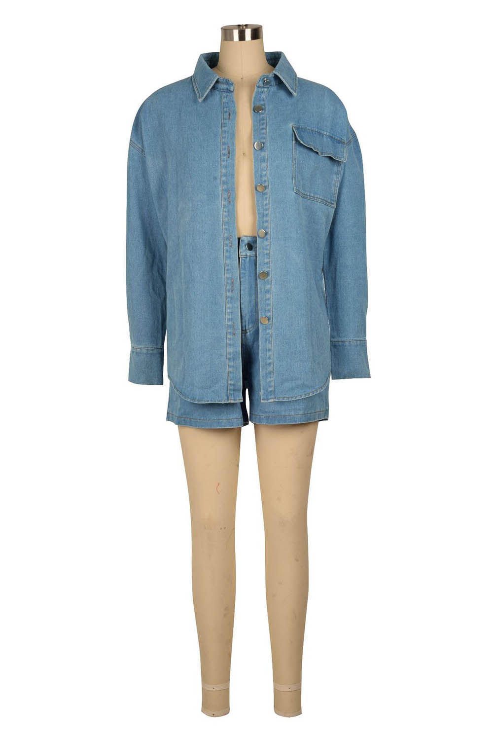 Denim Turndown Collar Long Sleeve Jacket Shorts Solid Color 2pcs Set-Blue